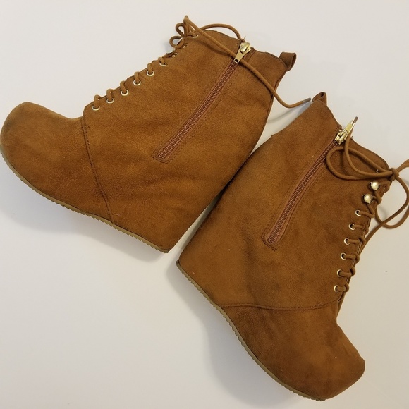 Faux Brown Suede Platform High Lace Up Wedge - Picture 3 of 8